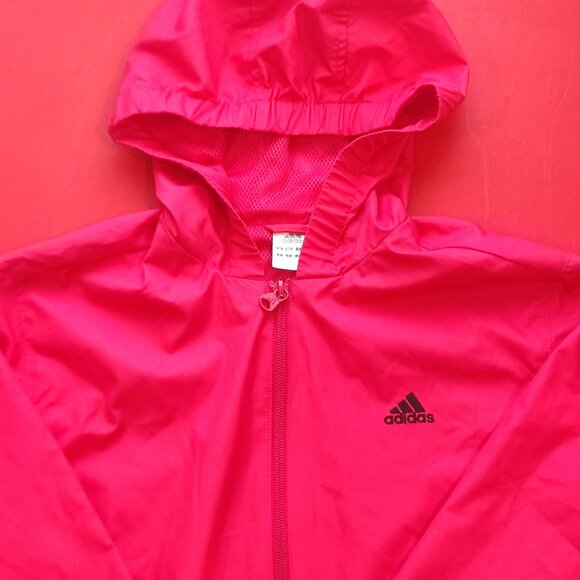Adidas hooded windbreaker pink white  3 black stripes women's junior size L 14 - Picture 2 of 5